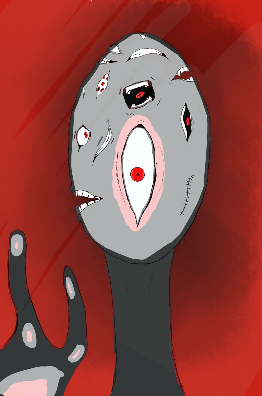 painting of a grey little guy with a bunch of eyes and mouths on it's head