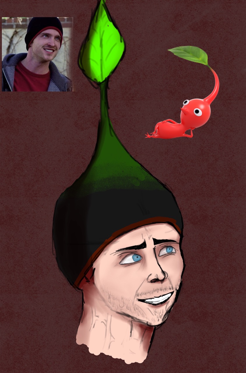 painting of jesse pinkman from breaking bad but his head becomes the top of a pikmin head