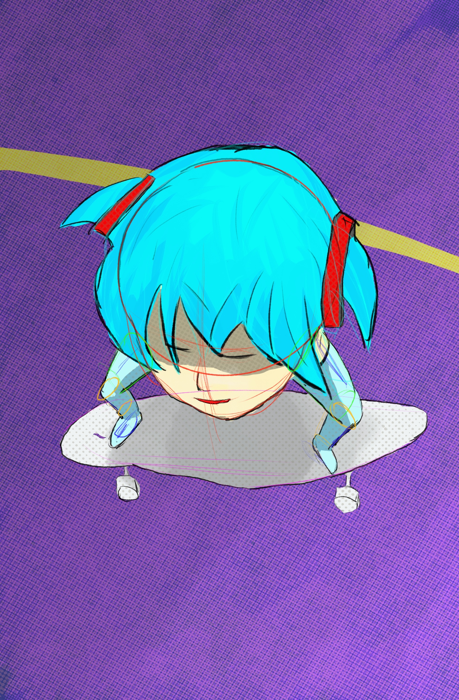 painting of a giant hatsune miku head skating