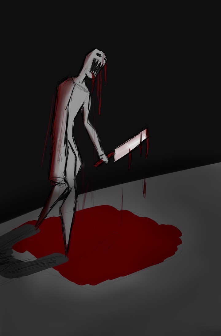 painting of a grey monster thing with a little blood, body looks like how the bodies look in the game signalis