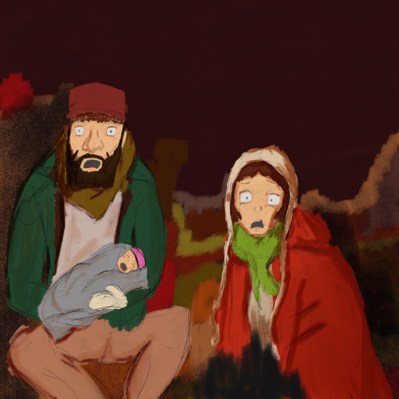 painting of a scene from tokyo godfathers